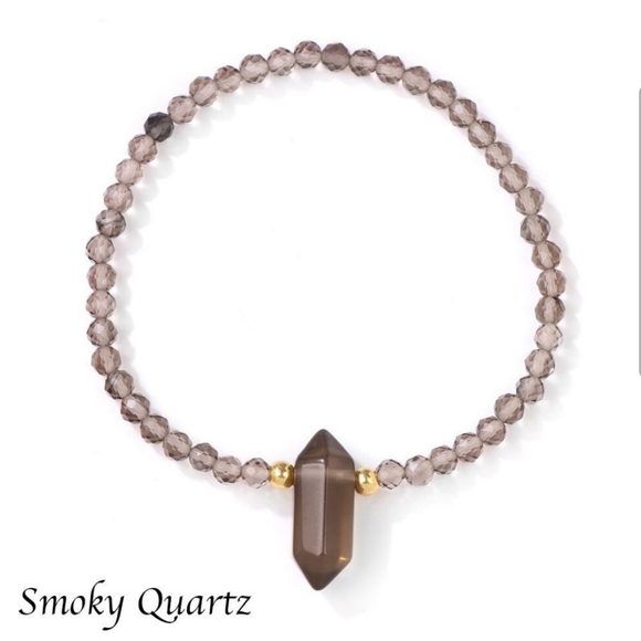Jewelry - Smoky Quartz Gemstone Bracelet with Hexagonal Charm, Round Beaded